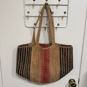 SHIRALEAH Chicago Multi Stripes Natural Braided Jute TOTE Beach BAG Purse